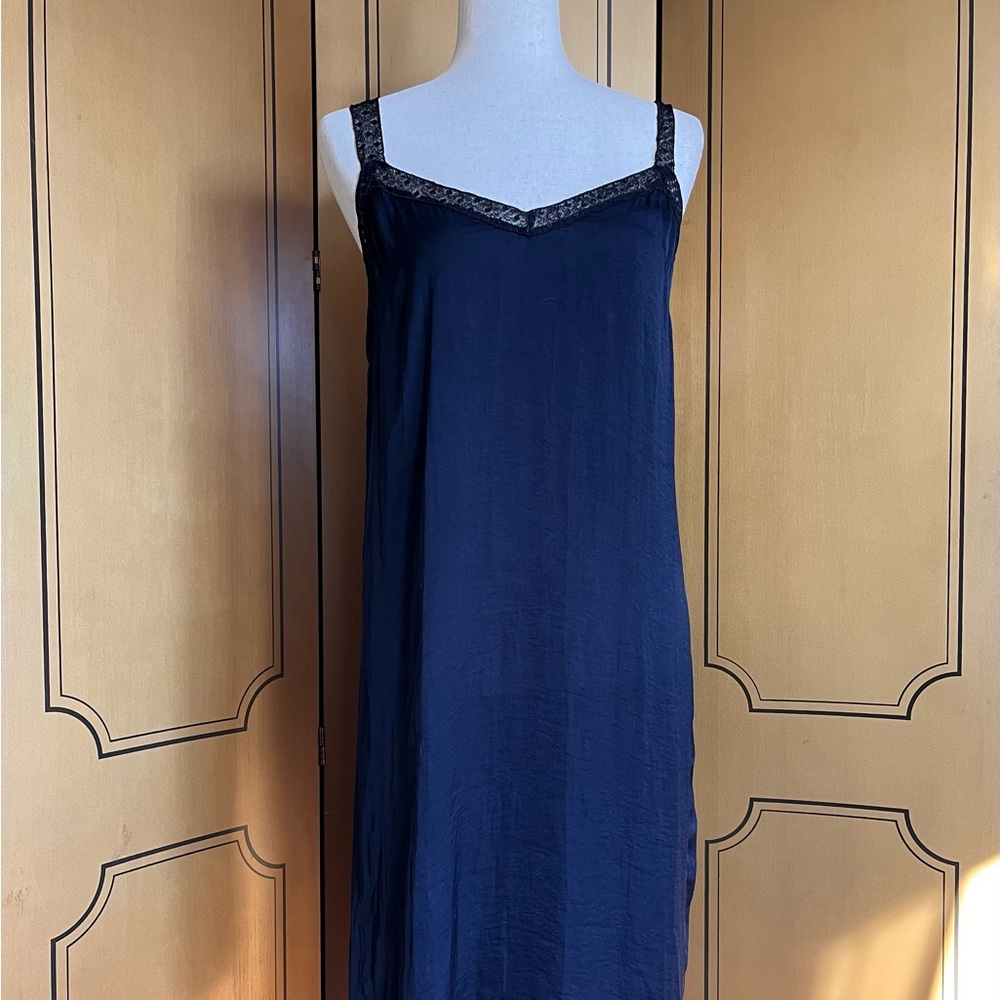 Navy blue slip dress with black lace straps